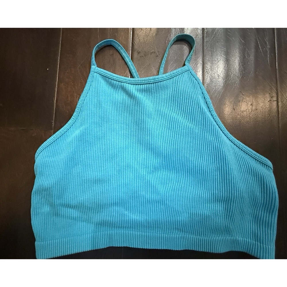 JoyLab Aqua Blue Ribbed Seamless Tank Bra Medium Y-Back Activewear Top